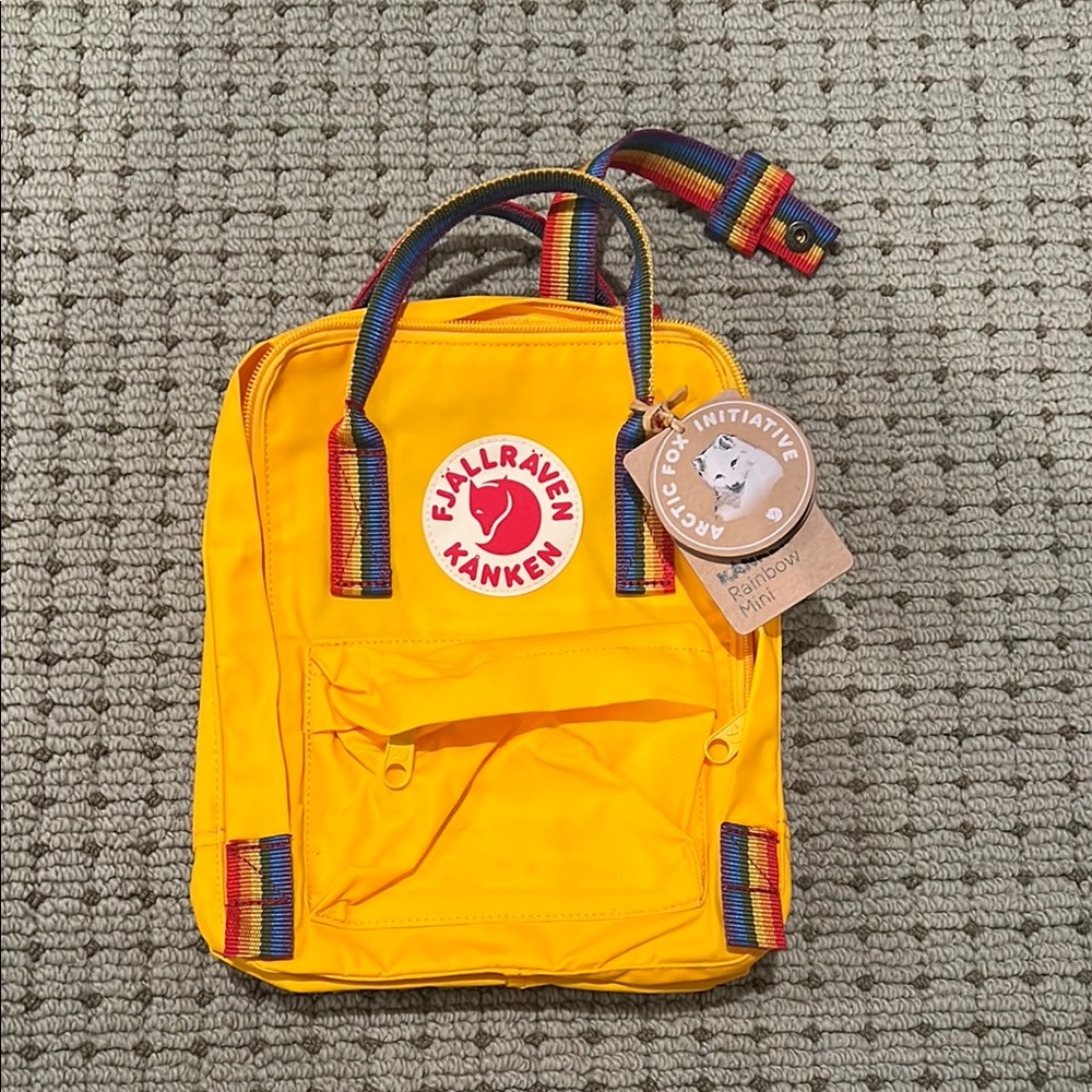 Fjällräven Kånken Yellow Mini Backpack with Rainbow Straps